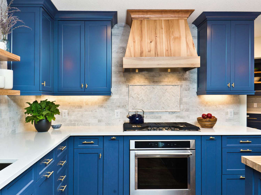 Kitchen cabinets refinished in blue